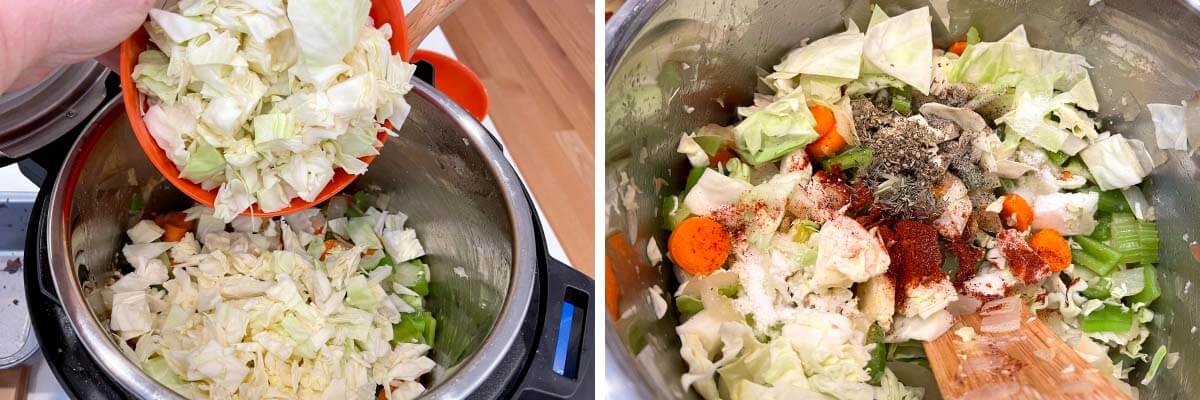 adding cabbage and spices to pot.