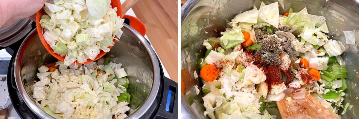 adding cabbage and spices to pot.