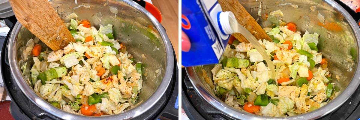 adding broth to pot.