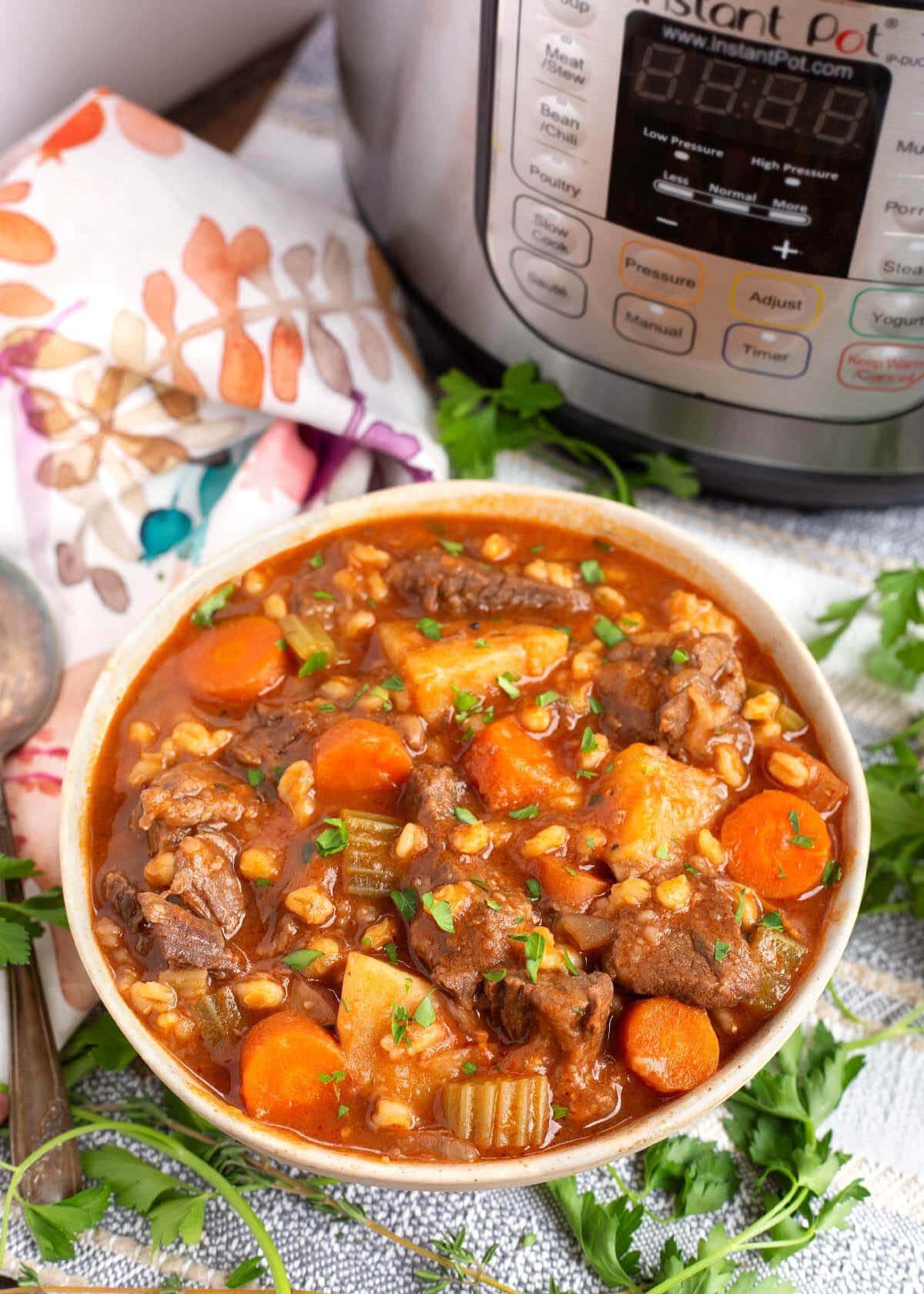 Instant Pot Beef Barley Stew in a bowl, IP in back.