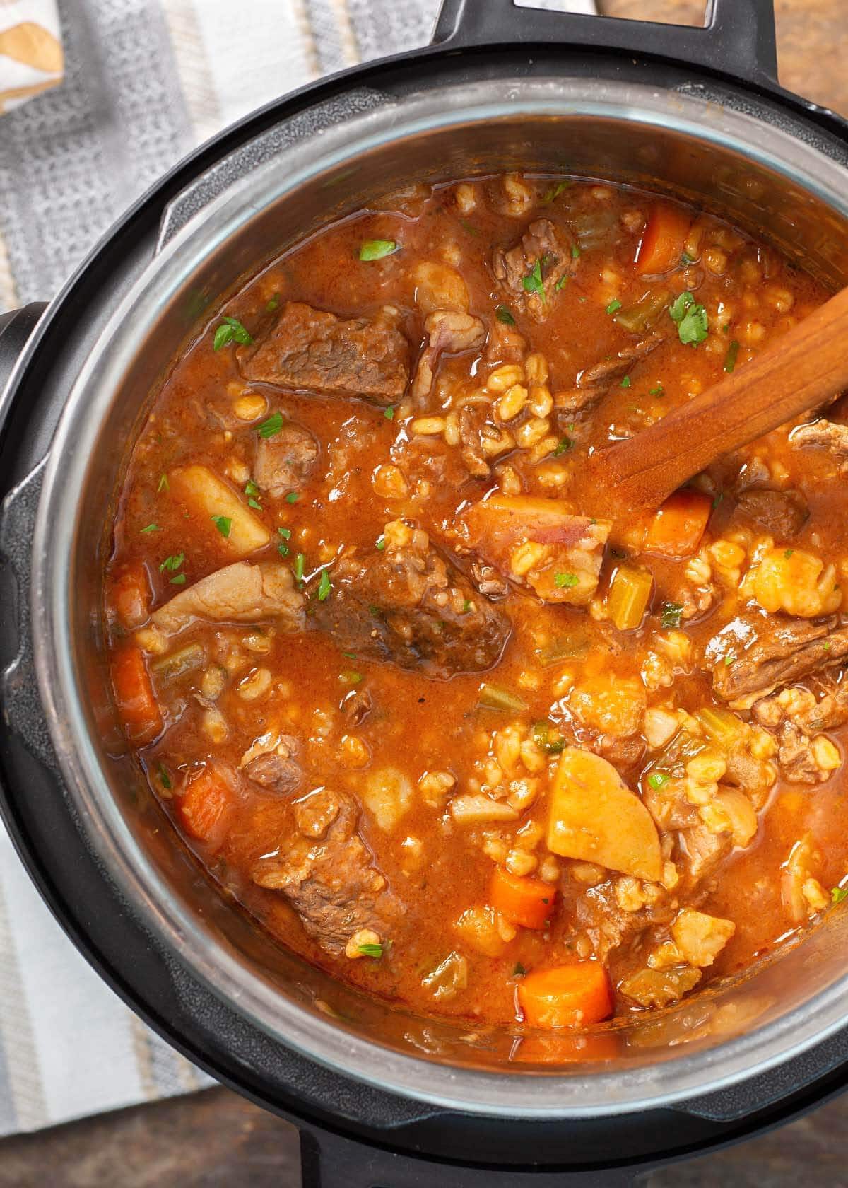 Instant Pot Beef Barley Stew in pot