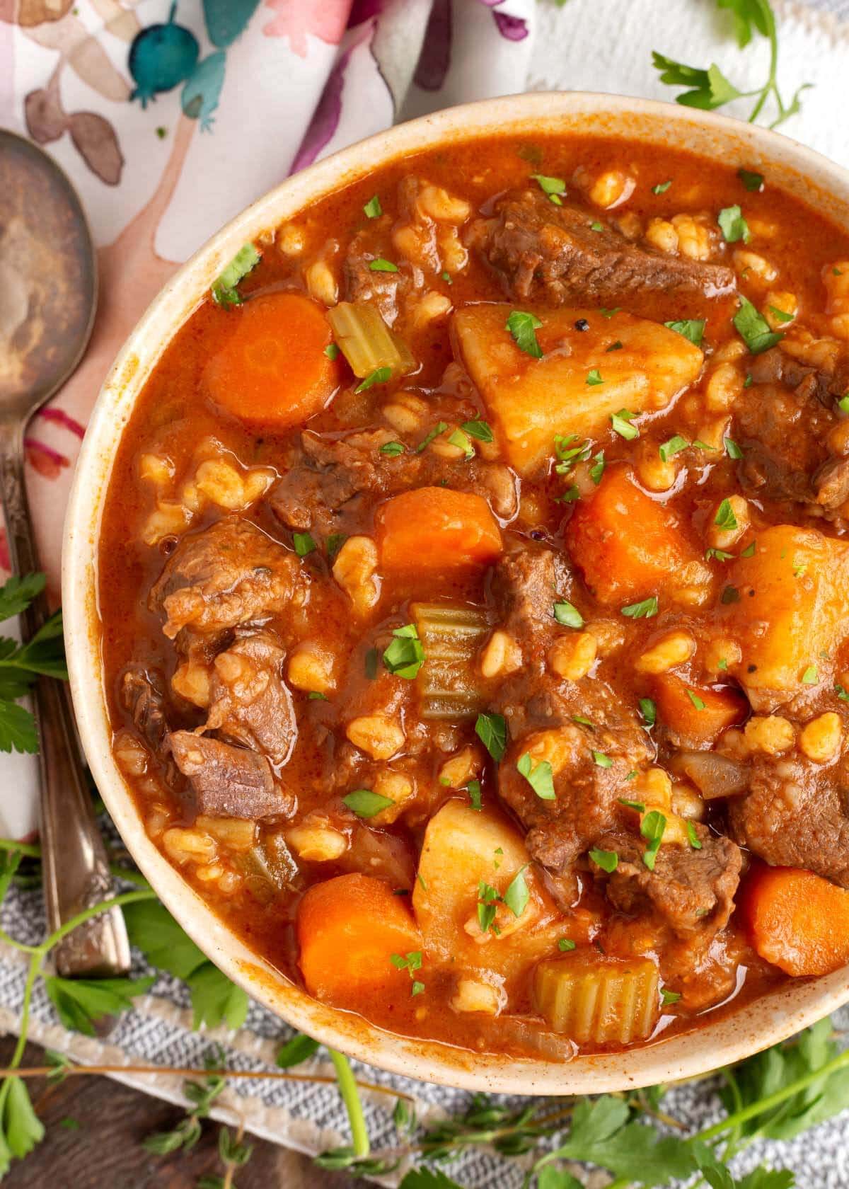 closeup of bowl of Instant Pot Beef Barley Stew.