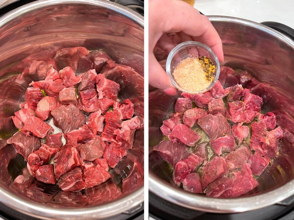 beef in pot, adding spices to beef.