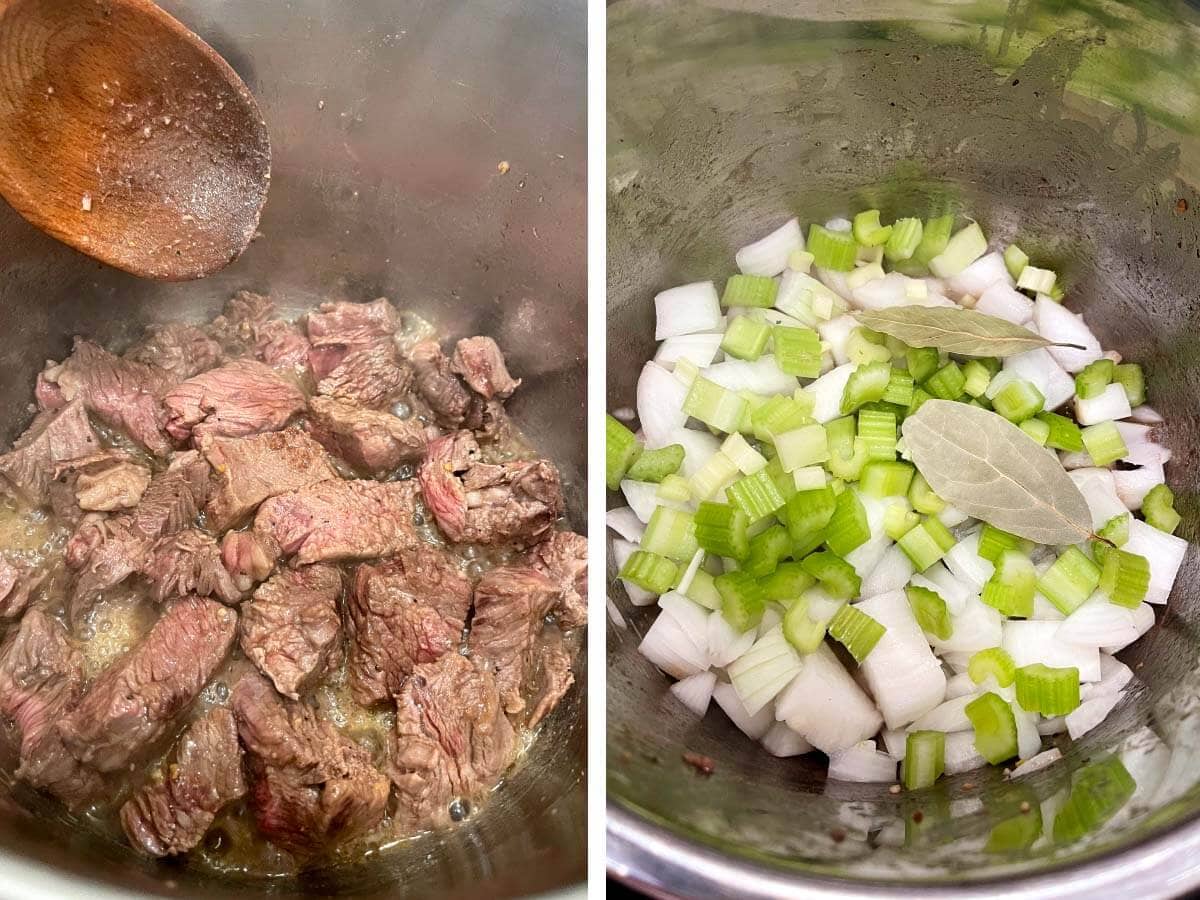 cooking beef in pot, onion, celery, bay leaves in pot.