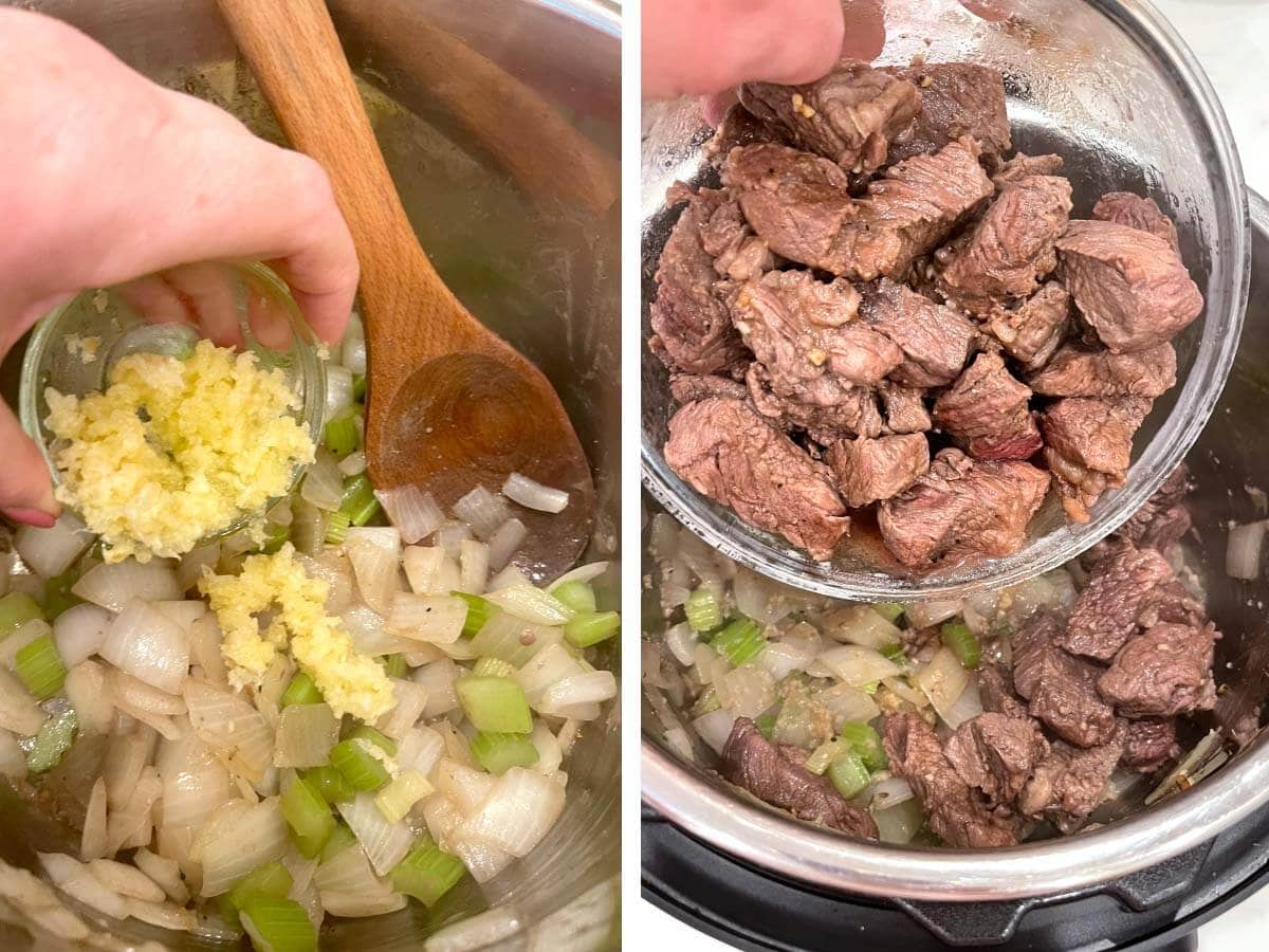 adding garlic to pot, adding beef back to pot.