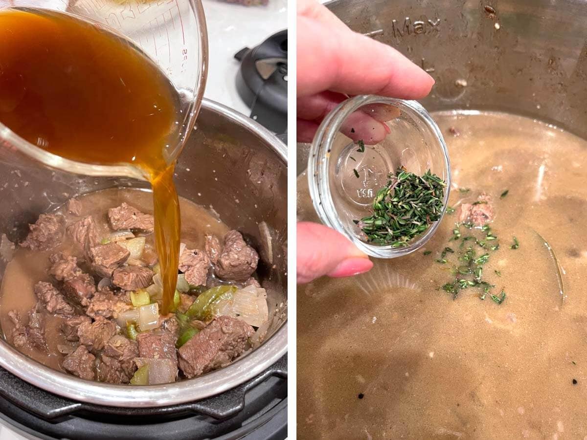 pouring beef broth to pot, adding thyme to pot.