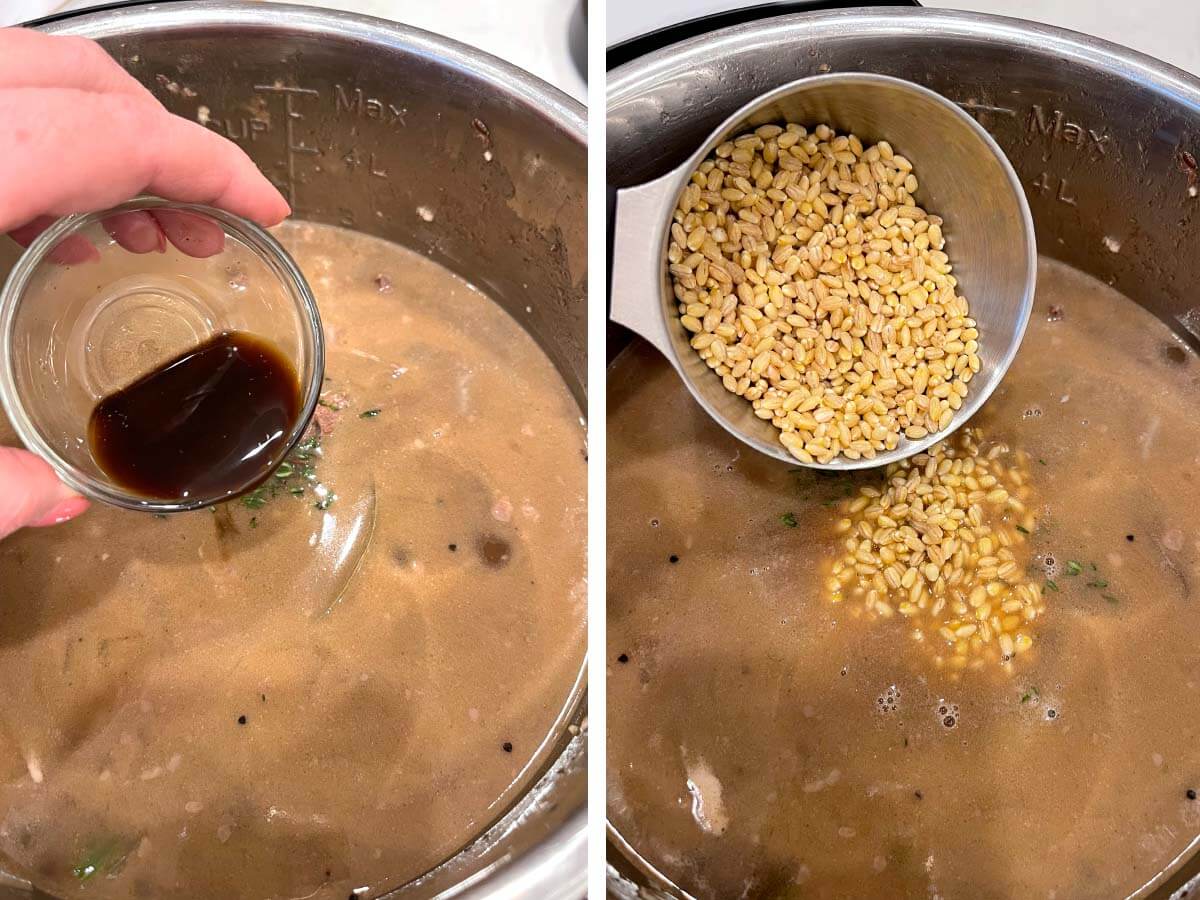 adding worcestershire sauce to stew, adding barley to stew.