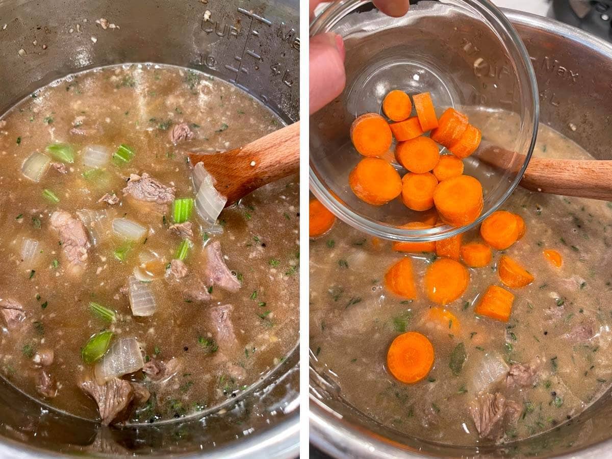 stirring the stew, adding carrots.