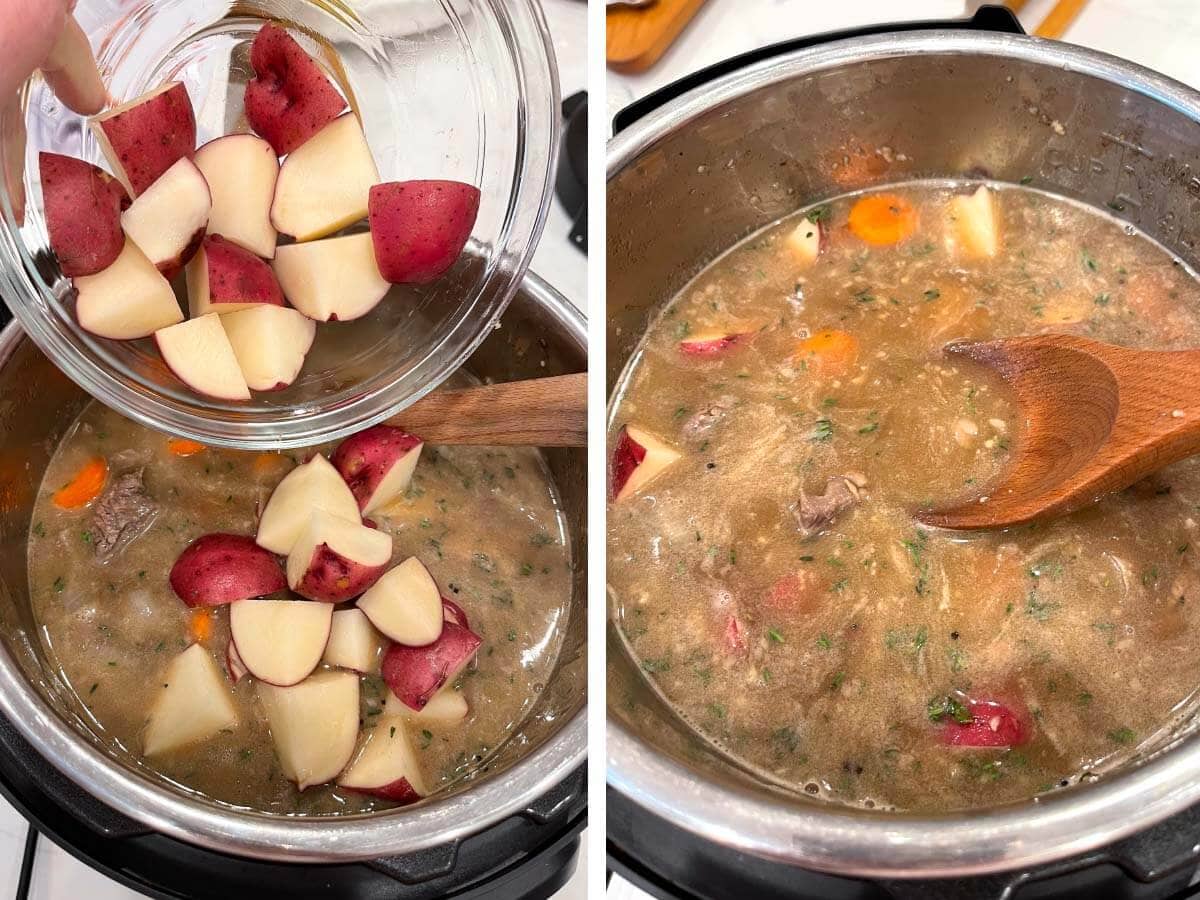 adding potatoes, pressing veggies down with wood spoon.