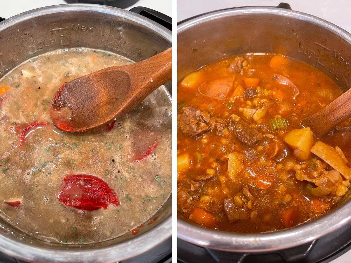 pressing tomato paste into broth, stirring stew after cooking.