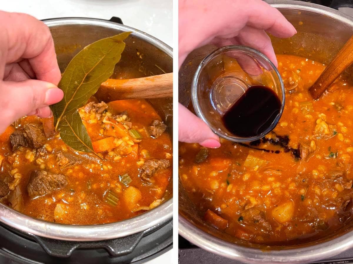 removing bay leaves, adding balsamic vinegar to stew.