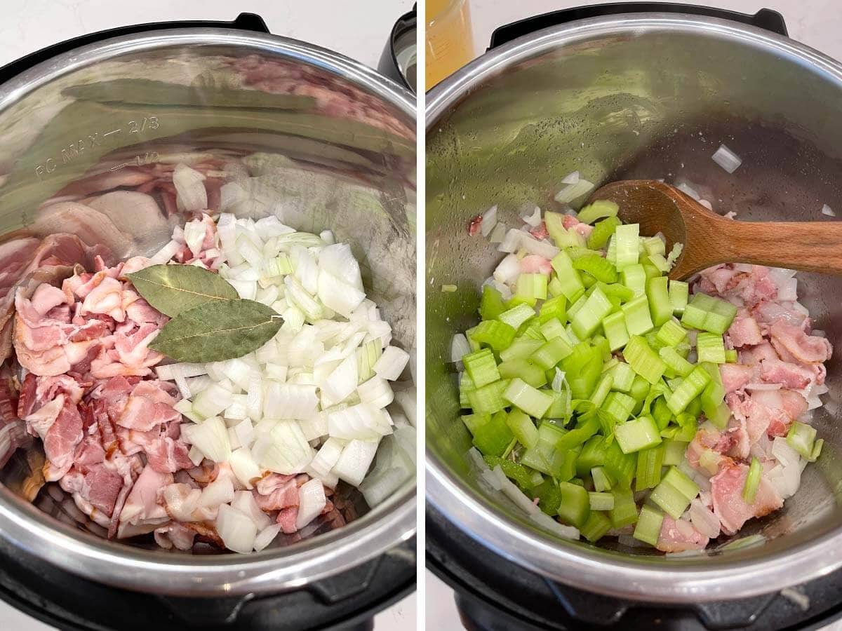 bacon, onion, bay leaf in pot, celery added.