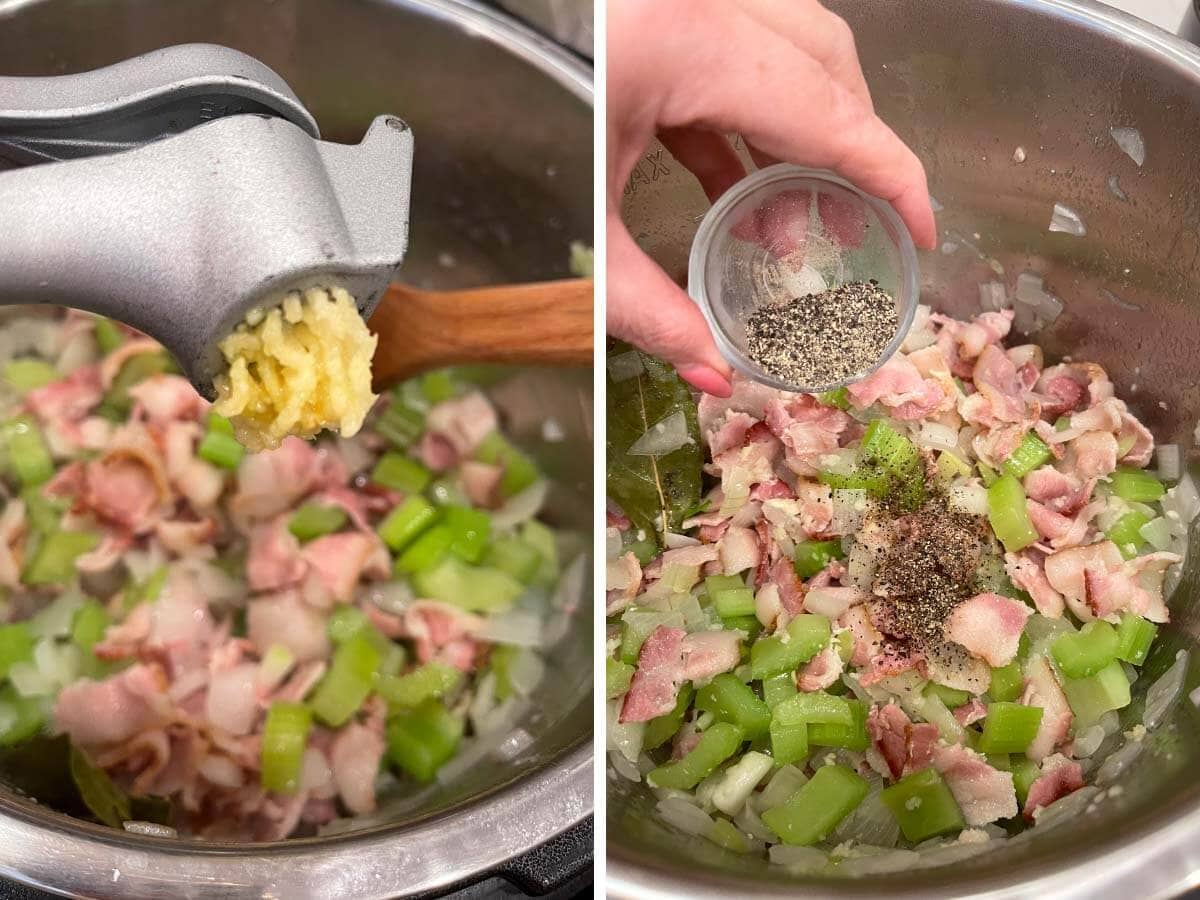 adding garlic to pot, adding pepper.