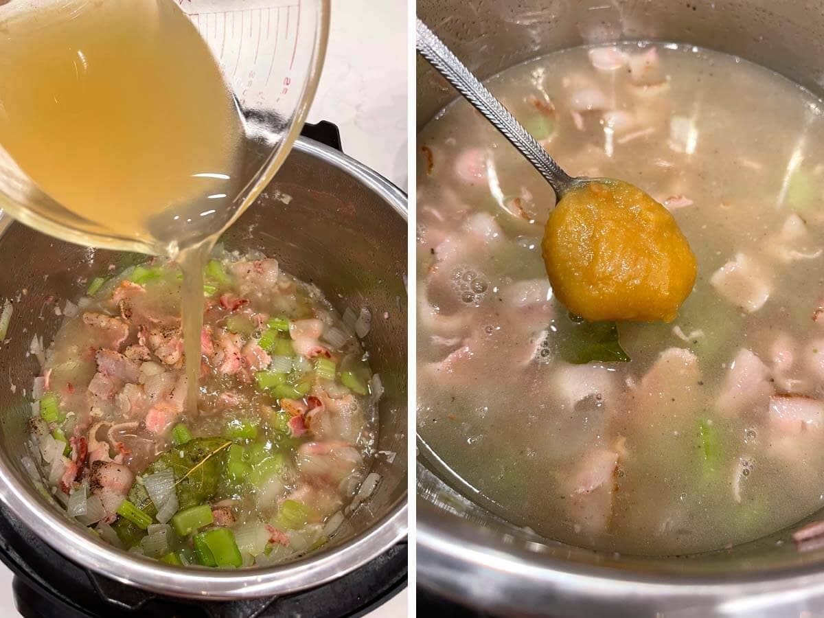 pouring broth into pot, adding bouillon to pot.