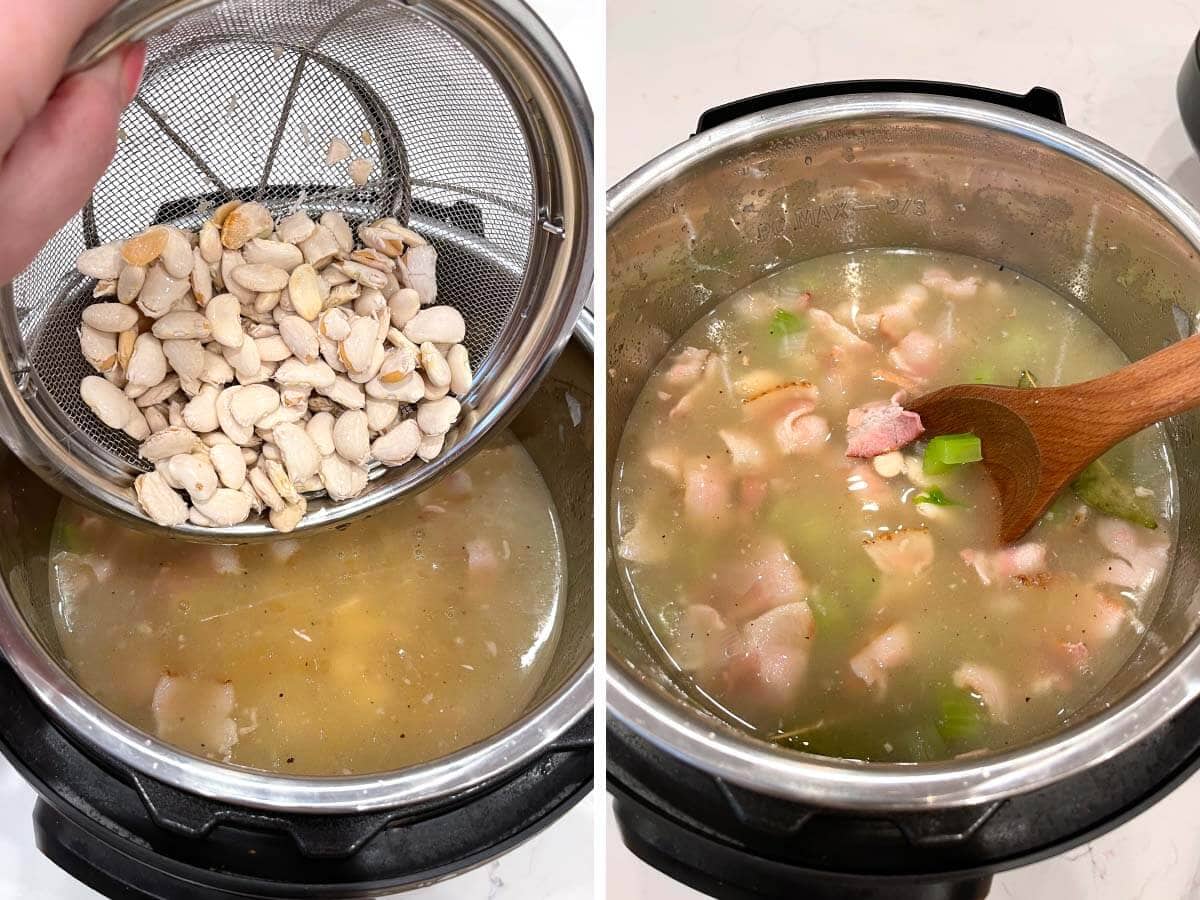 adding butter beans to pot, stirring contents with wood spoon.