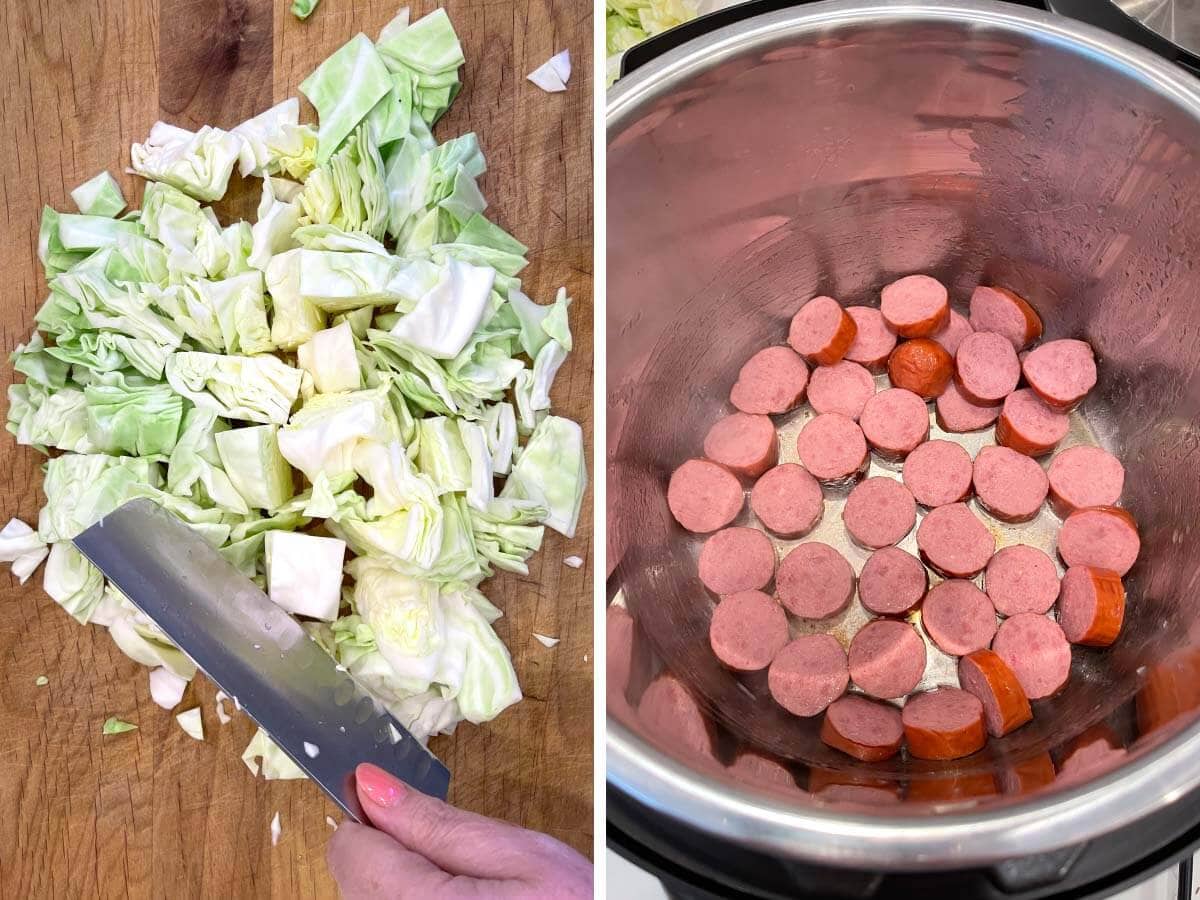 chopped cabbage, sausage frying.