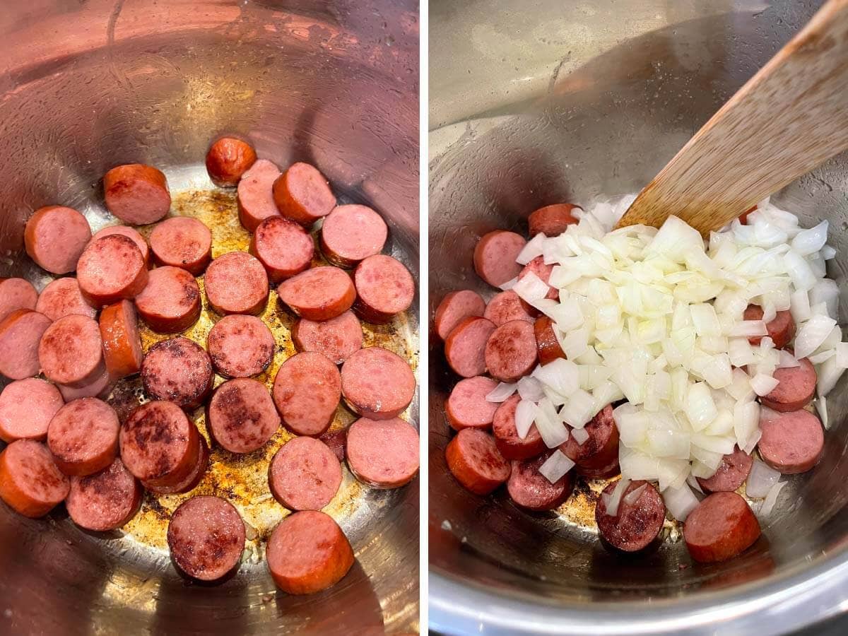 browning the sausage, onions added to pot.