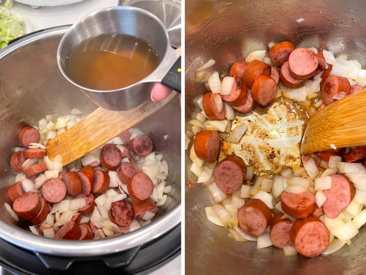 adding broth, scraping bottom of the pot.