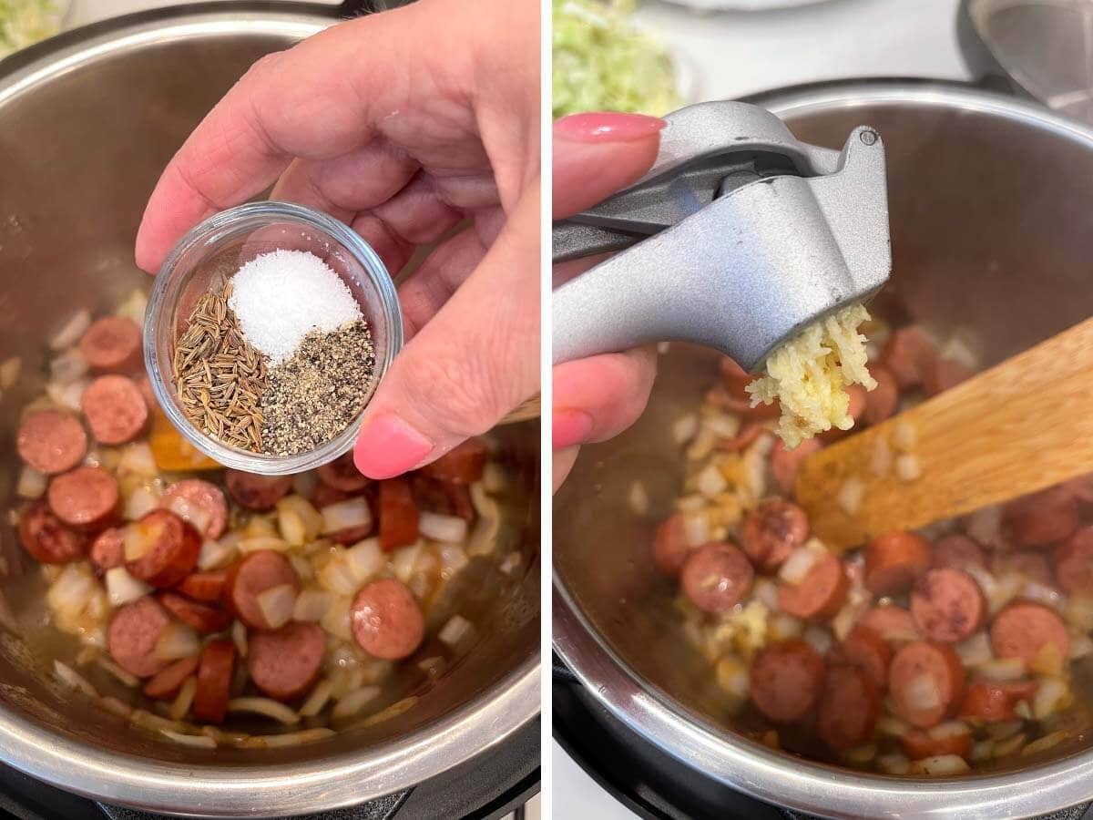 adding spices to pot, pressing garlic into pot.