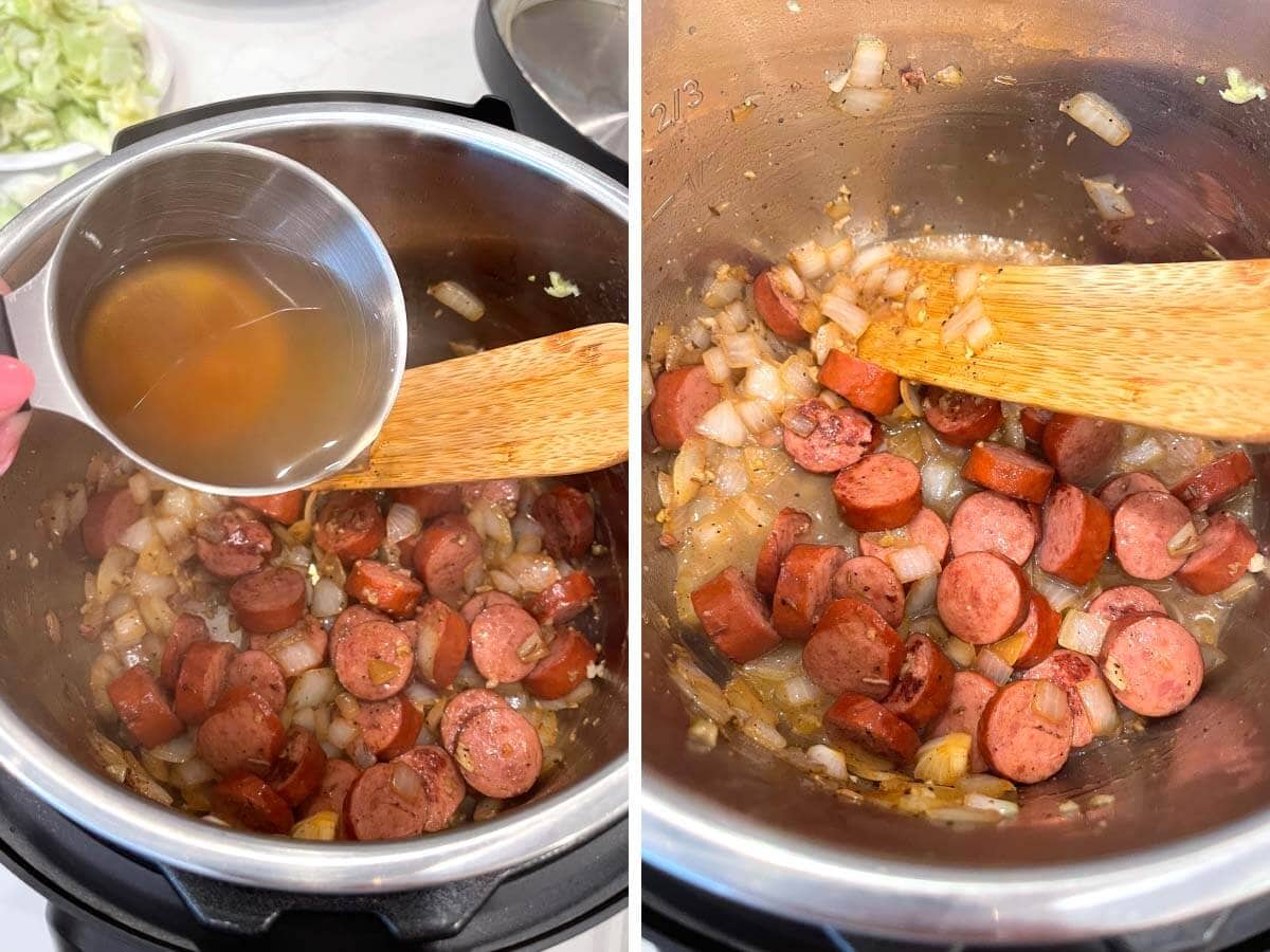 pouring broth into the pot, stirring with wood spoon.