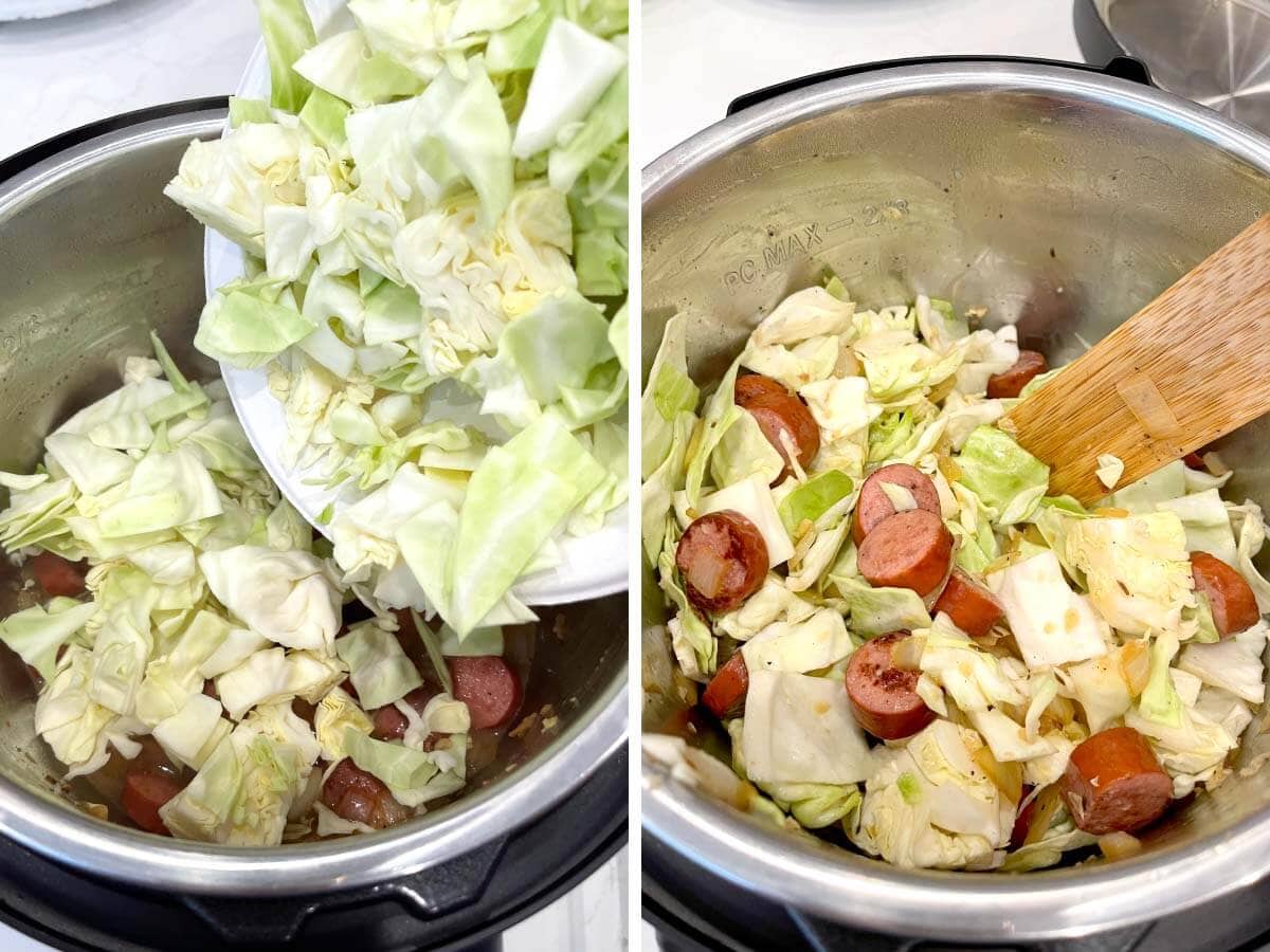 adding cabbage to the pot, stirring with wood spoon.