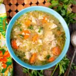 Instant Pot Chicken Rice Soup in a blue bowl