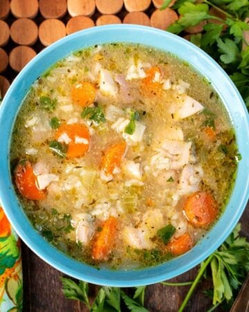 Instant Pot Chicken Rice Soup in a blue bowl