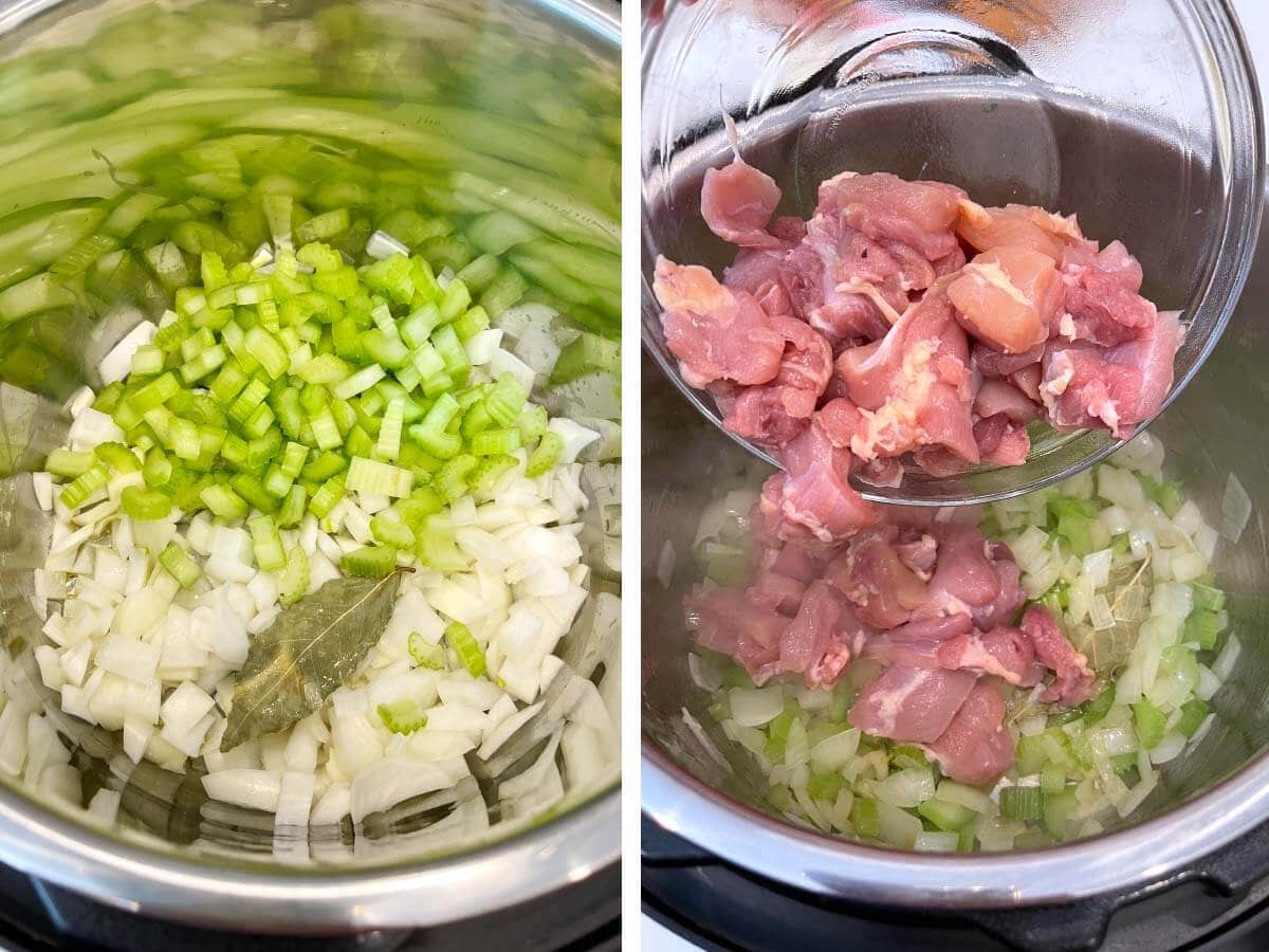 sautéing onion and celery, adding meat to the pot.