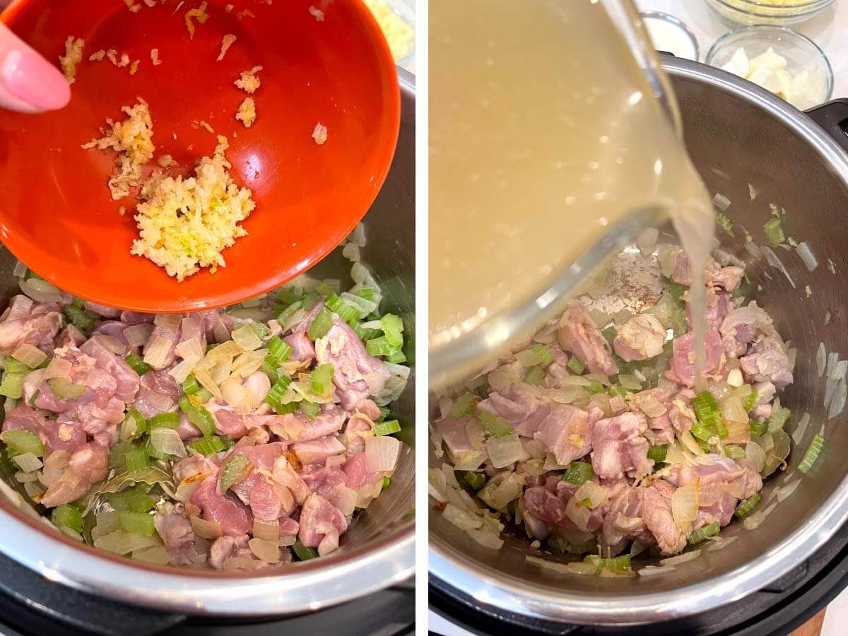 adding garlic to the pot, adding broth.