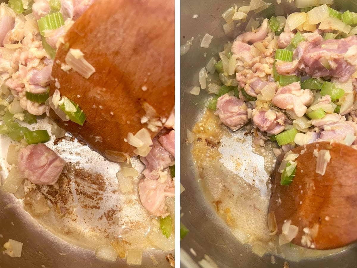 scraping bottom of the pot with wood spoon.