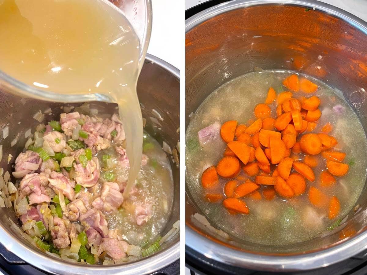 pouring broth into pot, carrots added to the pot.