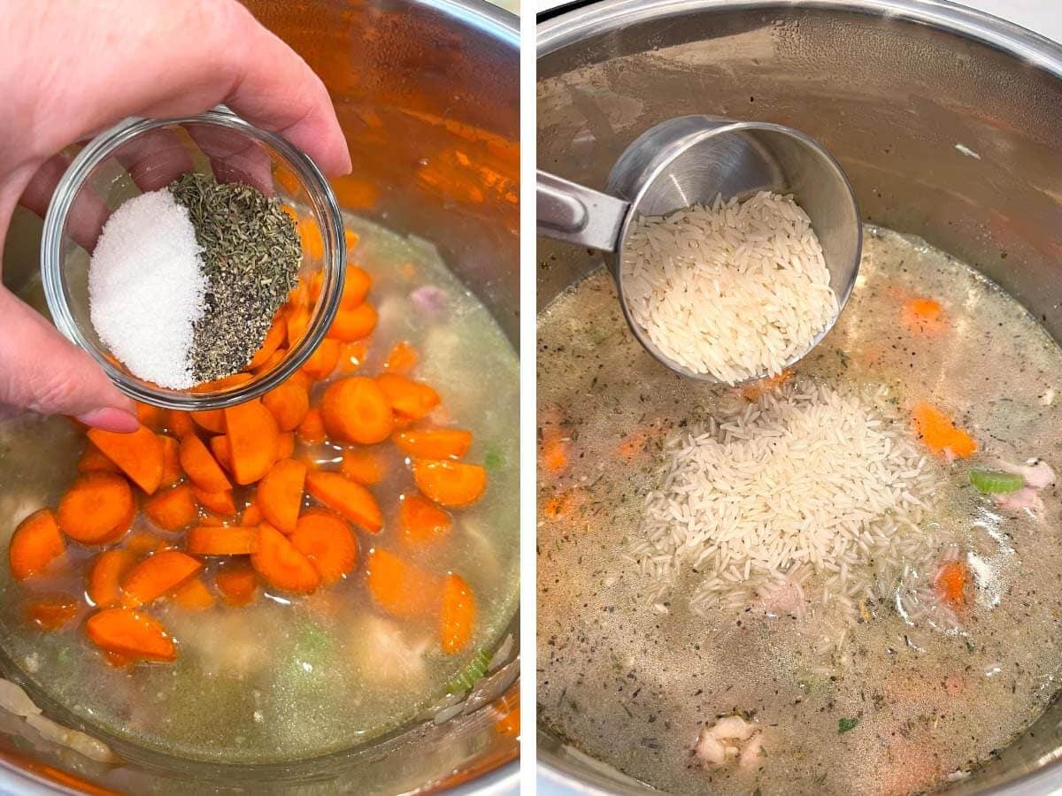 adding spices to the soup.