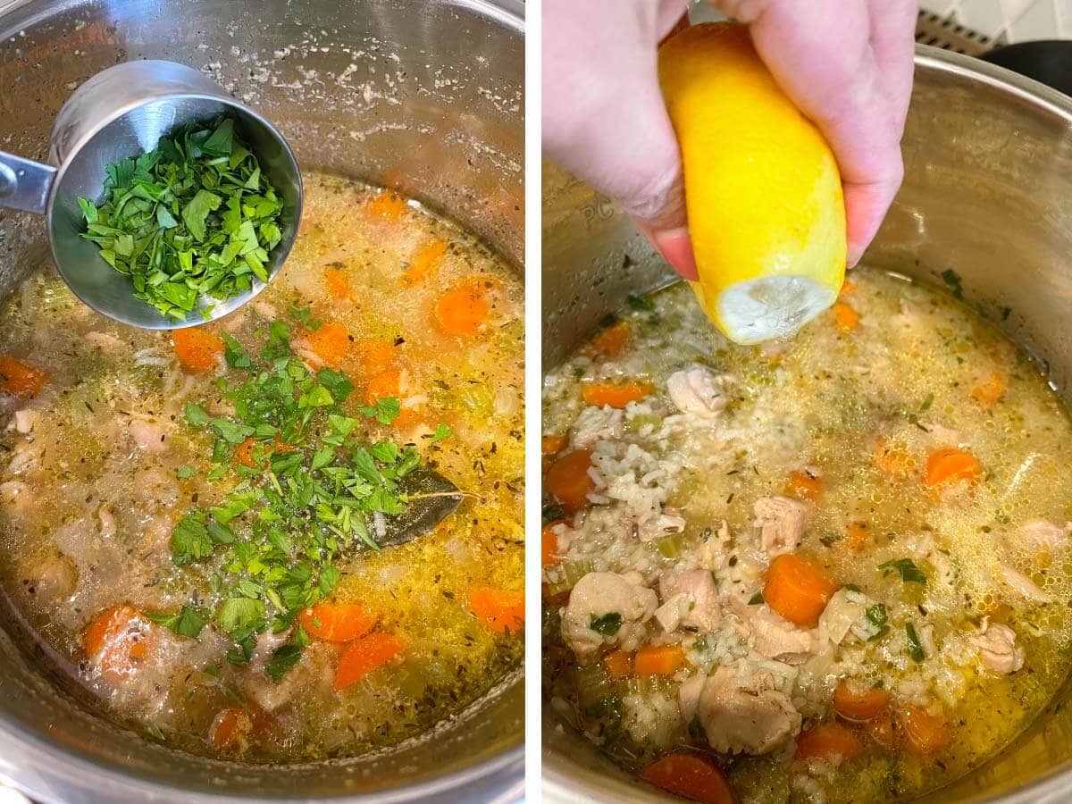 adding parsley to the soup, squeezing a lemon into the soup.