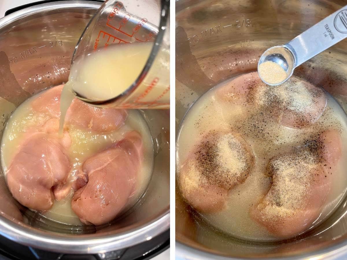 Pouring broth on chicken, adding spices.