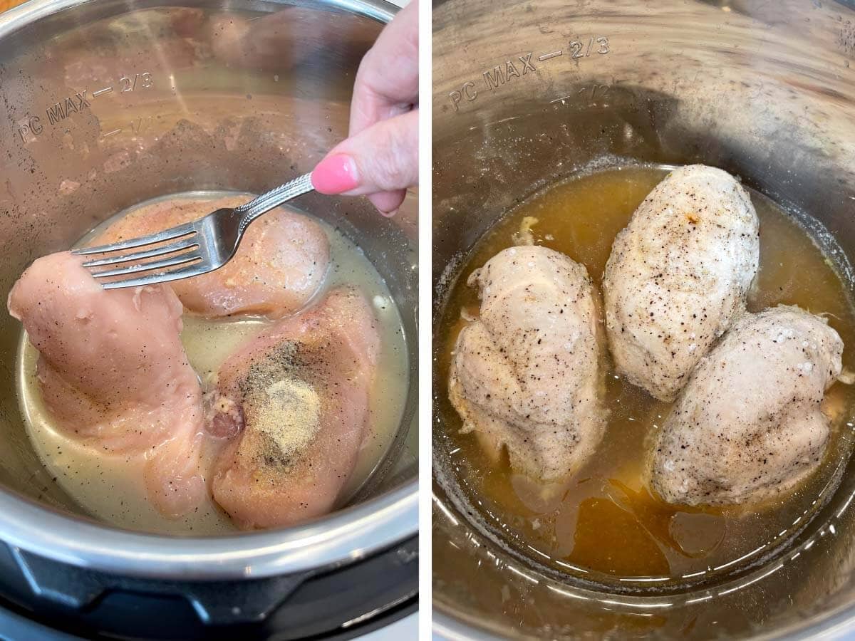 Flipping chicken over in broth, cooked chicken in pot.