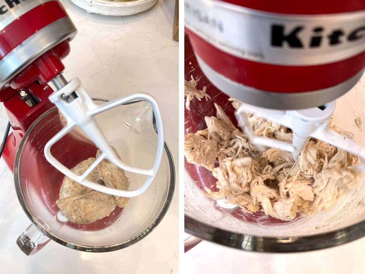 Chicken in stand mixer, mixing chicken to shred.