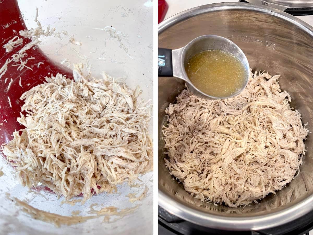 Shredded chicken in bowl, adding broth to chicken.