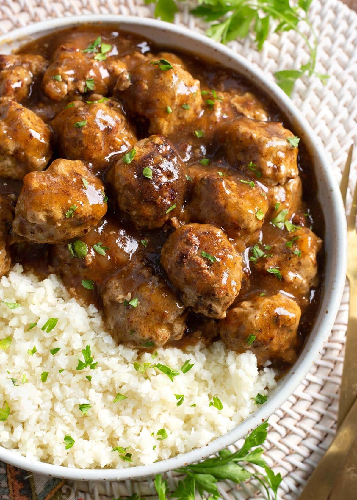 Instant Pot Turkey Meatballs and Gravy in grey bowl.