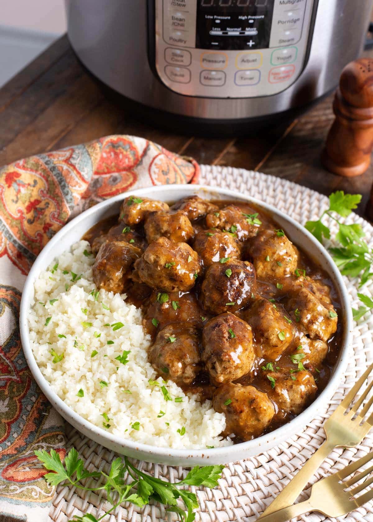 Instant Pot Turkey Meatballs and Gravy in a grey bowl