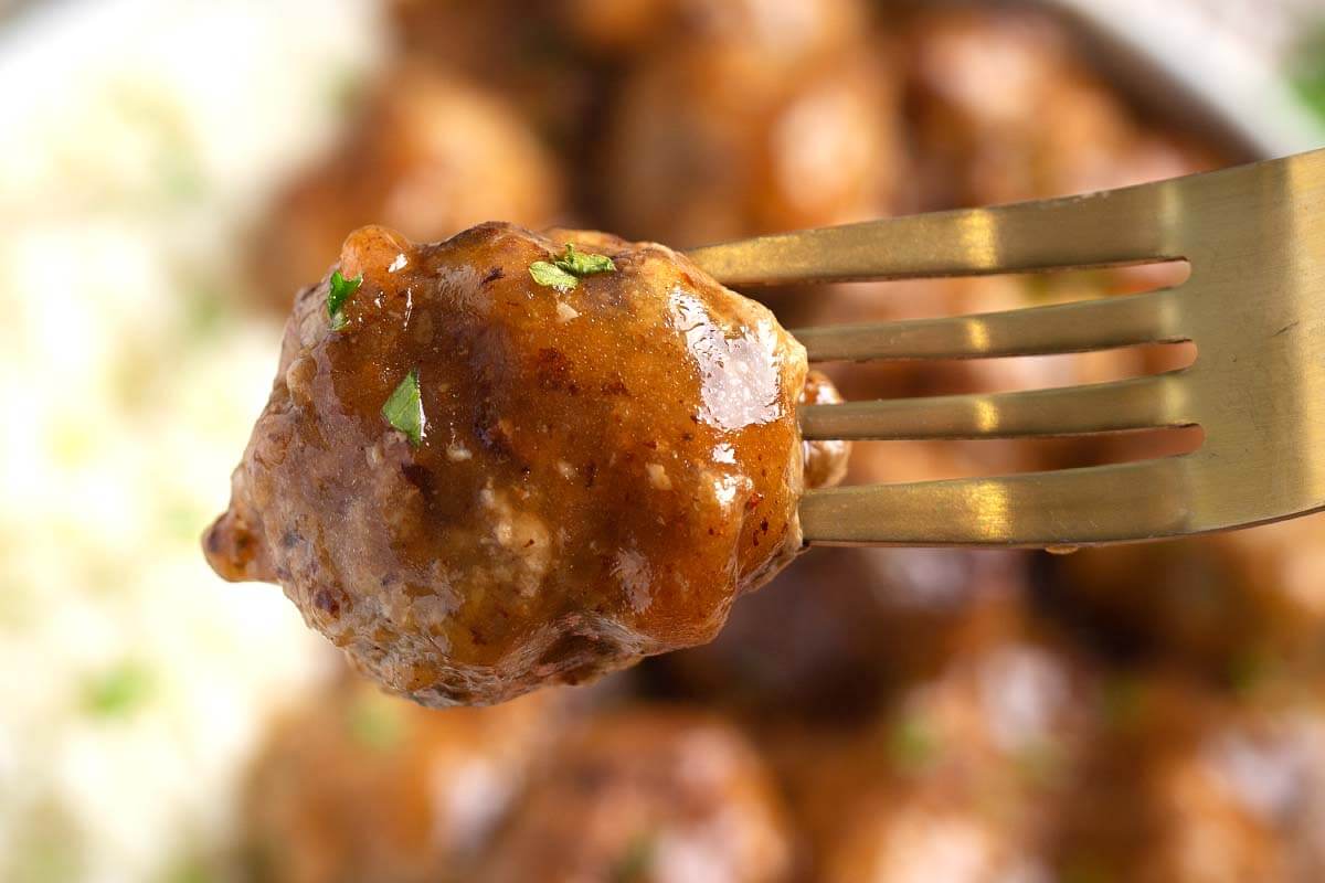 Turkey Meatballs on a fork.