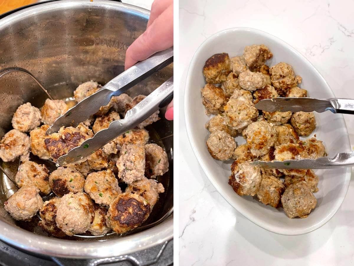 removing cooked meatballs to serving dish.