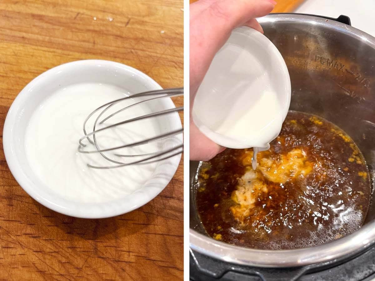 whisking corn starch slurry, pouring slurry into broth.