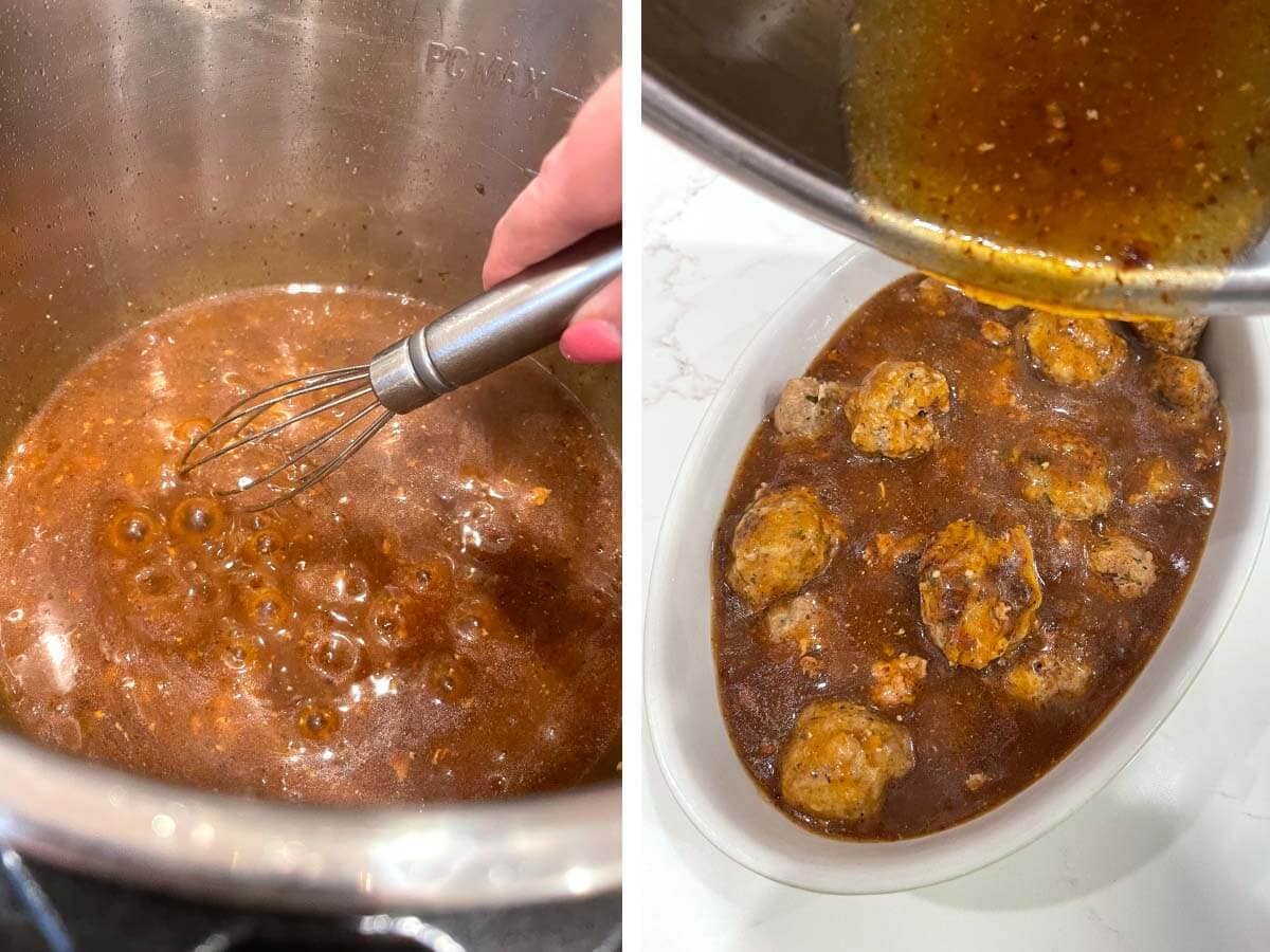 whisking simmering broth, pouring gravy over meatballs.