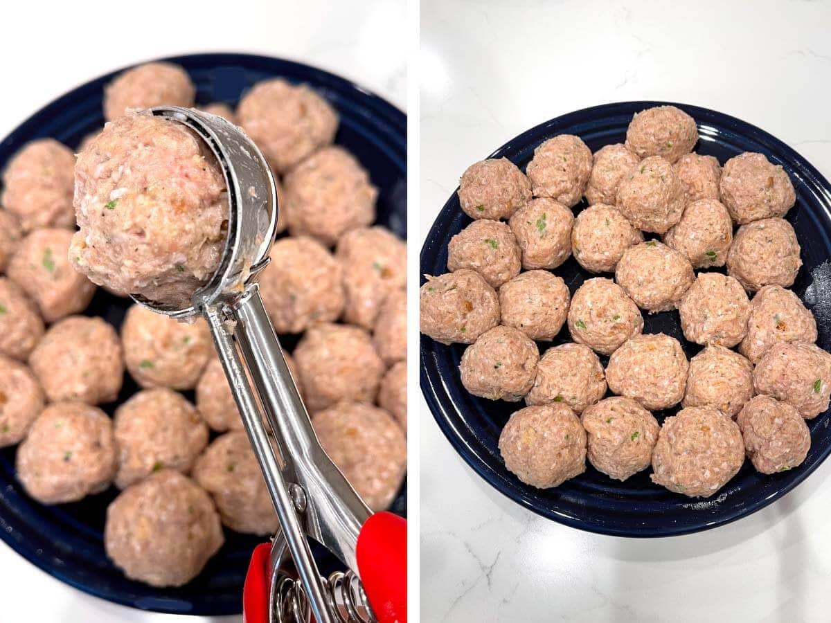 meatball in scoop, meatballs on blue plate.