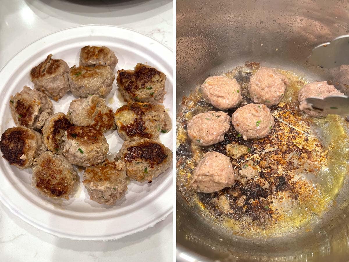 meatballs on paper plate, browning meatballs in IP.