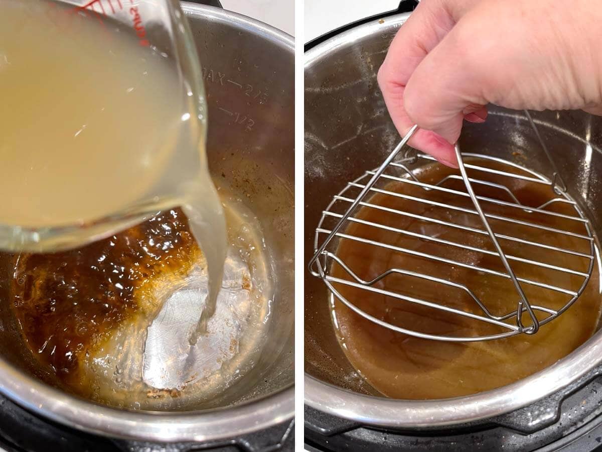 adding broth to pot, adding rack to pot.