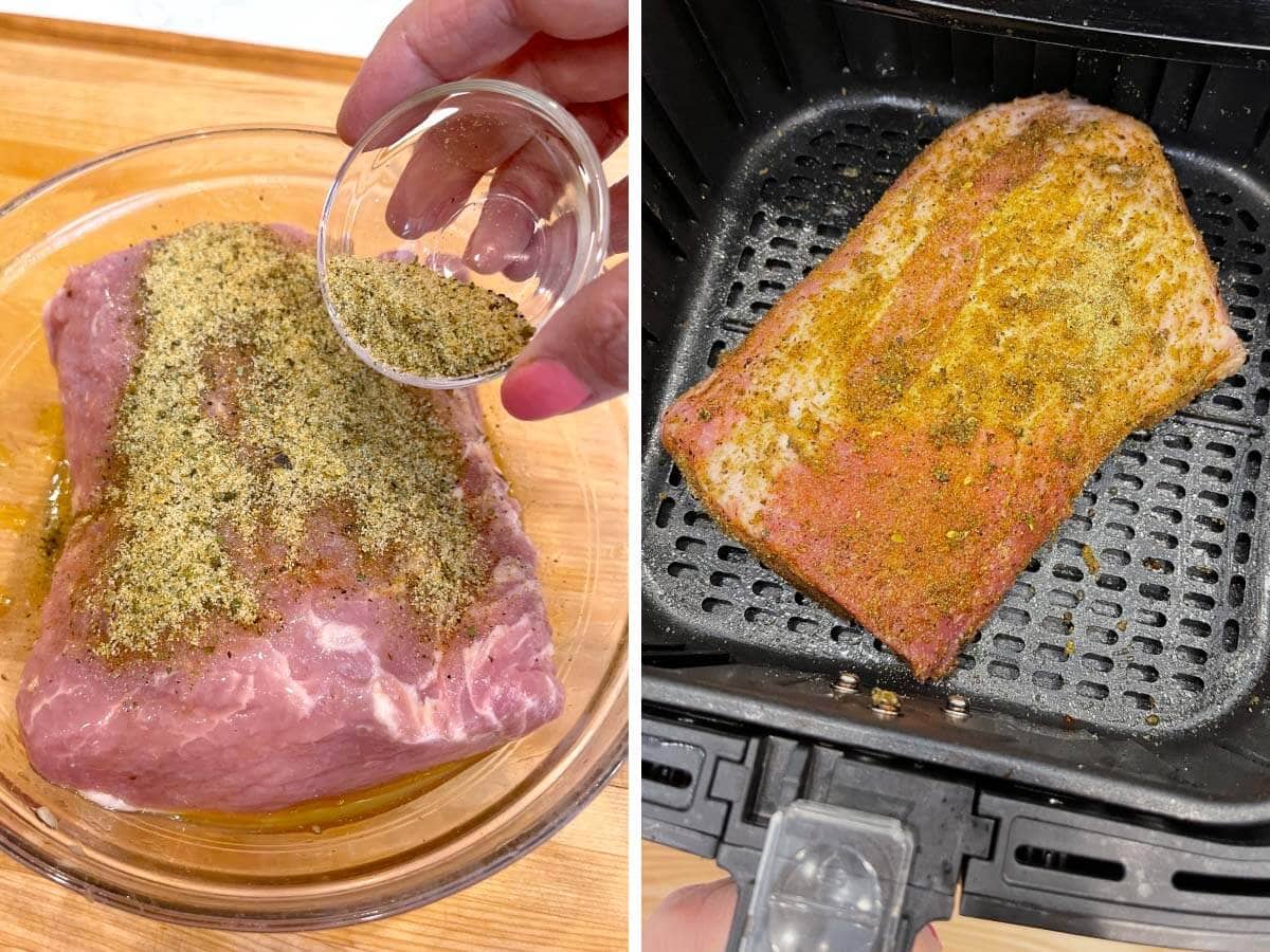 adding spices to pork, prepared pork in basket.