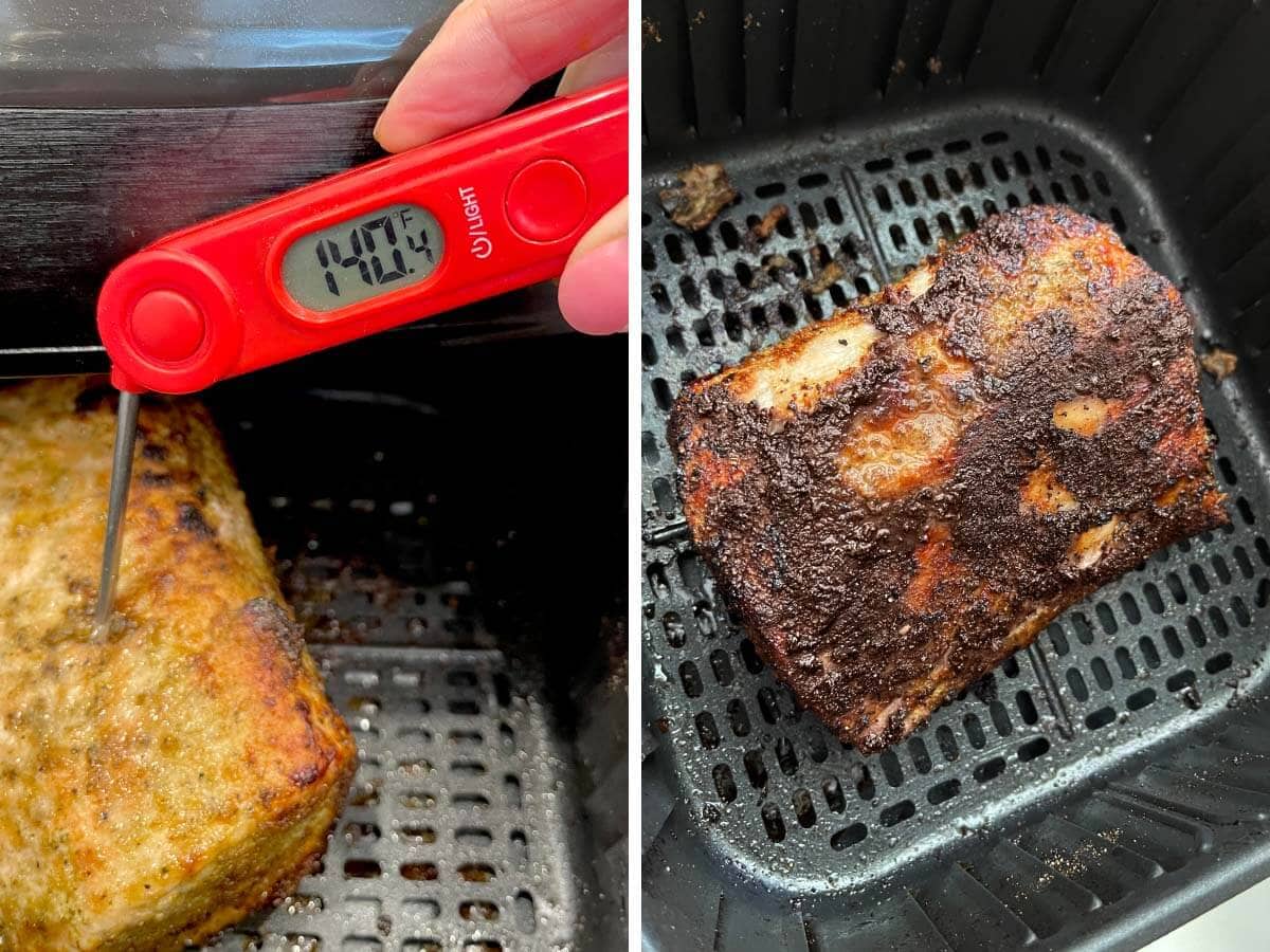 checking meat temp with thermometer, cooked pork roast in basket.