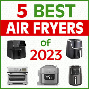 5 Best Air Fryers of 2023 graphic with collage and text 5 Best Air Fryers of 2023.