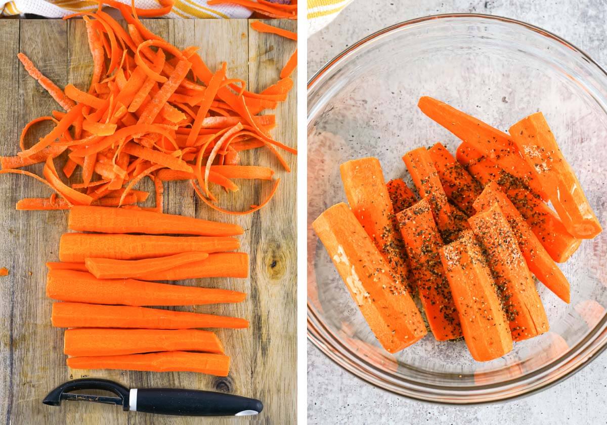 carrots on board peeled, carrots in bowl with seasonings.